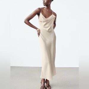 Zara women’s tan champagne asymmetrical maxi slip dress size S